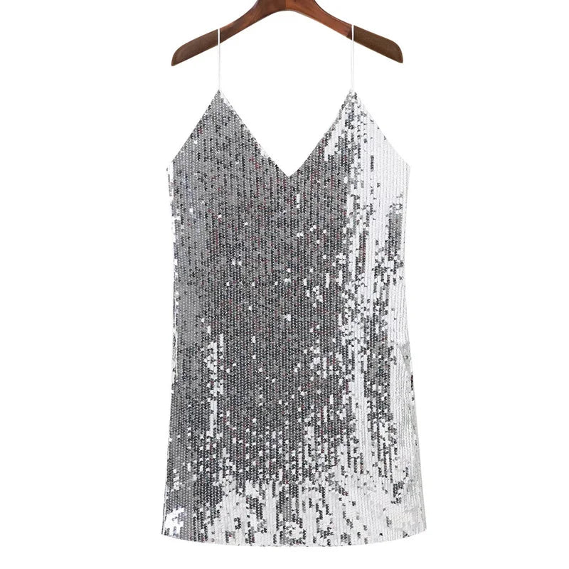 Deep V Neck Autumn Silver Sequined Backless Sexy Dress Women Off Shoulder Mini Christmas Party Club Vestidos - Smarsty