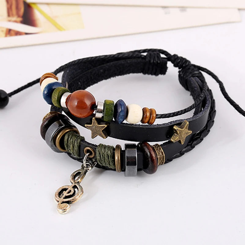 Handmade Boho Leather Charm Bracelet Adjustable Unisex - Smarsty