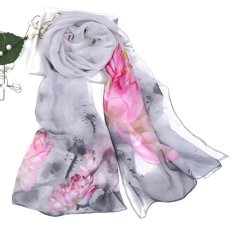 Women Silk Floral Scarf Long Sunscreen Beach Wrap - Smarsty