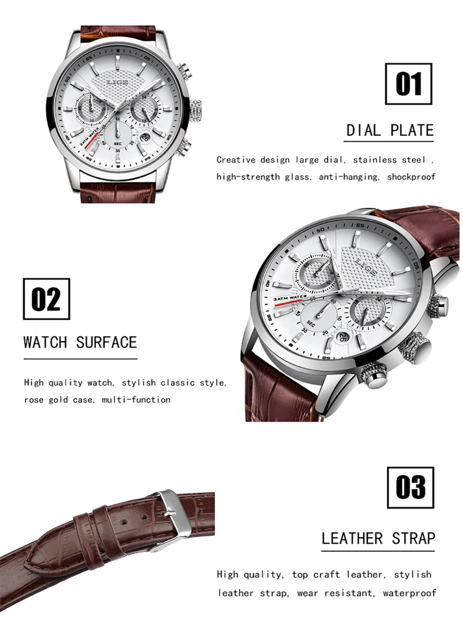 LIGE Luxury Men's Leather Sport Watch with Chronograph - Smarsty