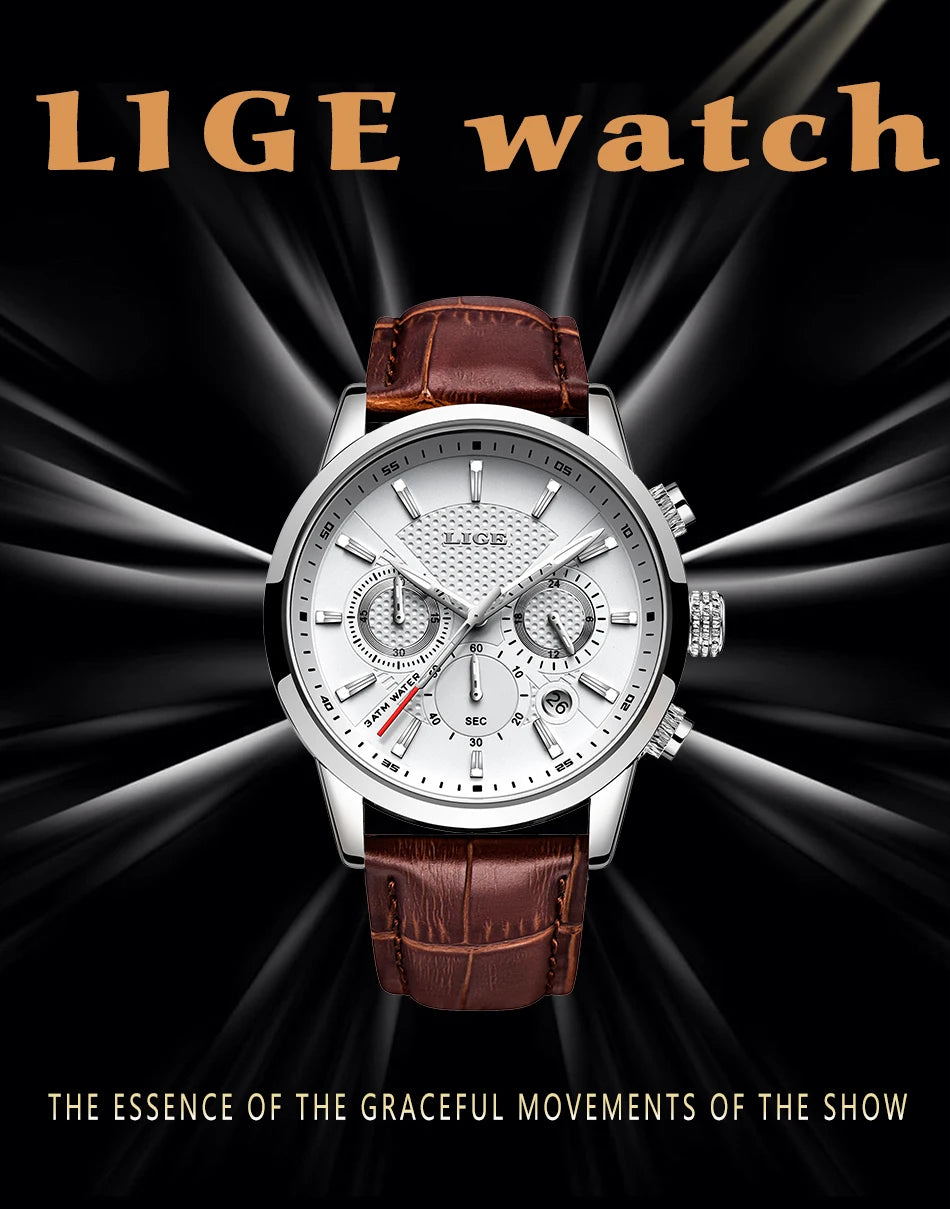 LIGE Luxury Men's Leather Sport Watch with Chronograph - Smarsty