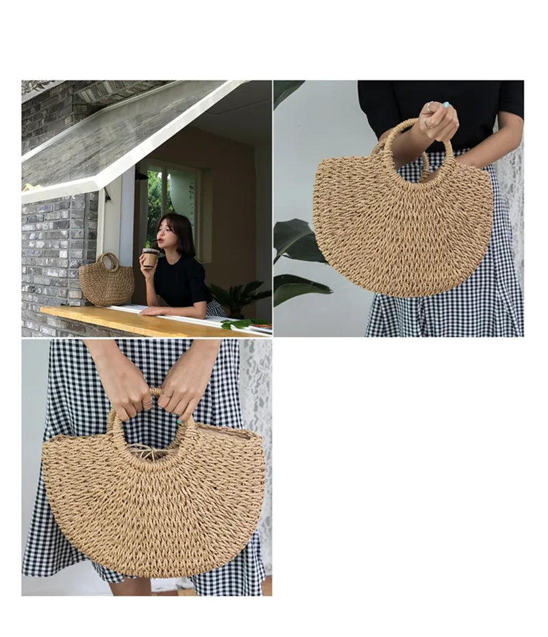 Summer Handmade Straw Bag for Women Beach Tote Moon Shaped - Smarsty