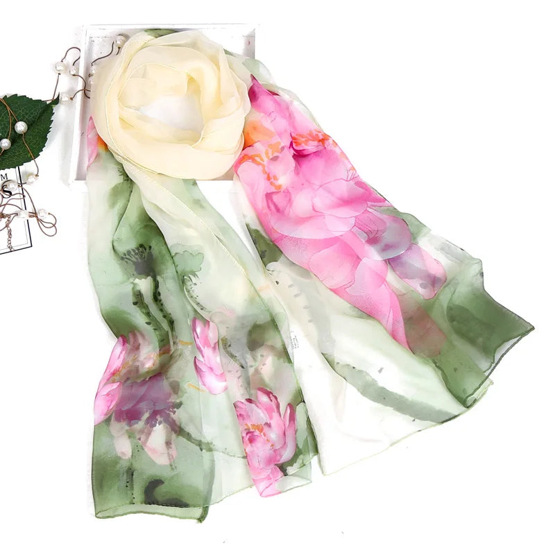 Women Silk Floral Scarf Long Sunscreen Beach Wrap - Smarsty