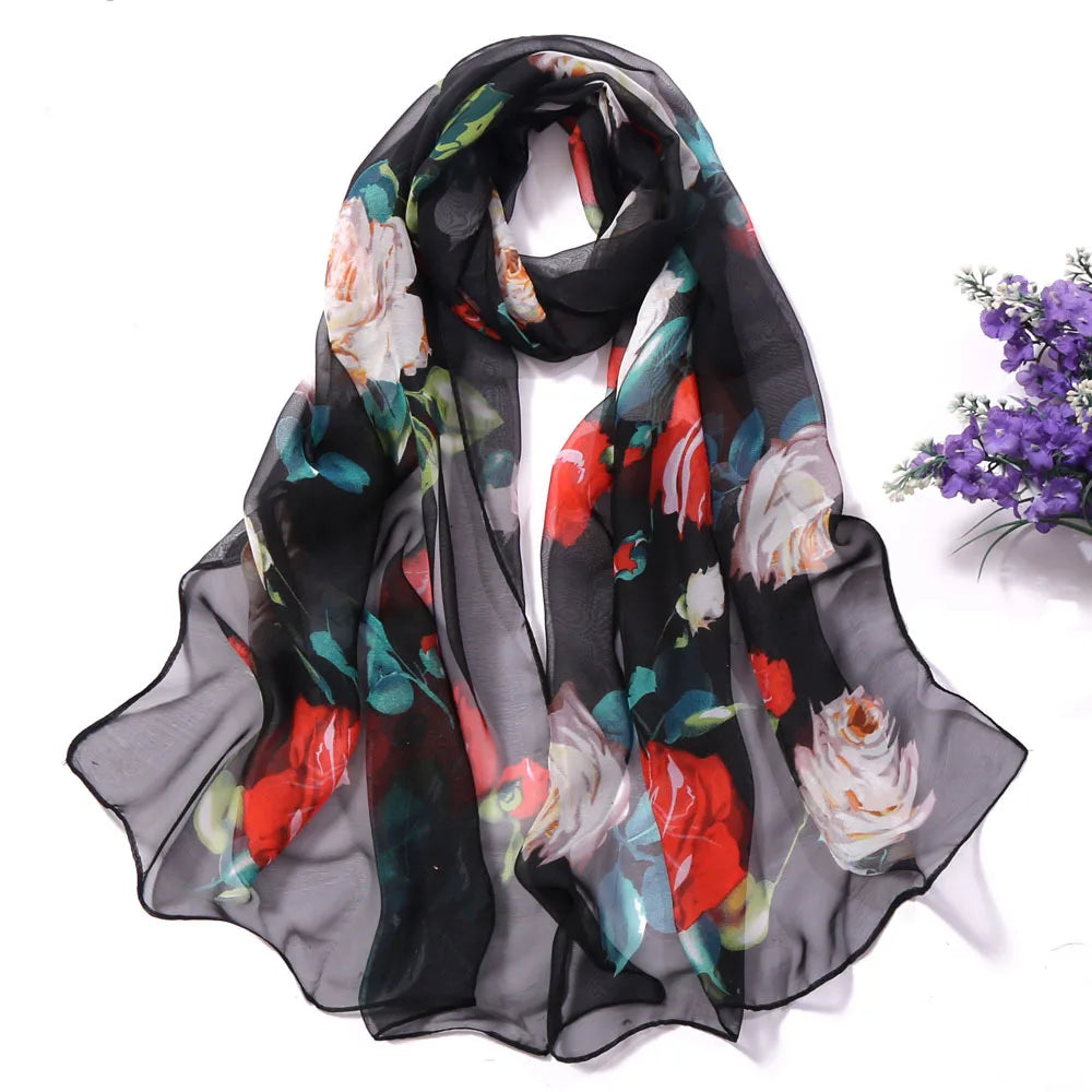 Women Silk Floral Scarf Long Sunscreen Beach Wrap - Smarsty