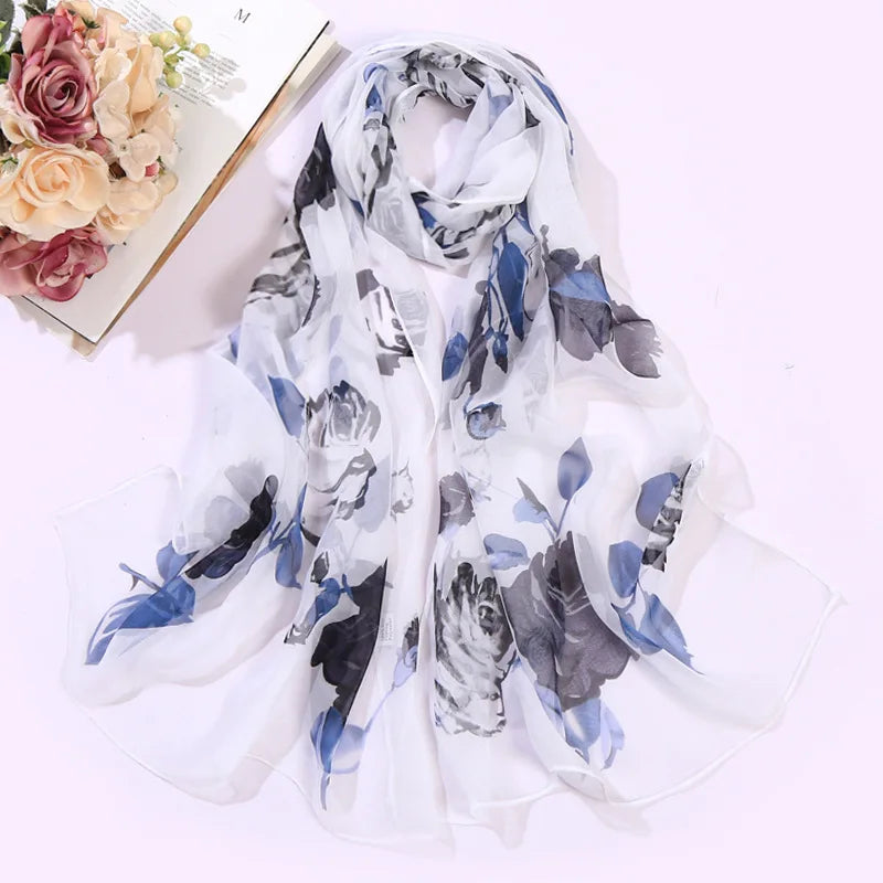 Women Silk Floral Scarf Long Sunscreen Beach Wrap - Smarsty