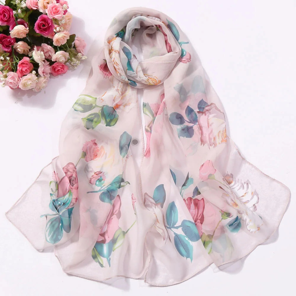 Women Silk Floral Scarf Long Sunscreen Beach Wrap - Smarsty