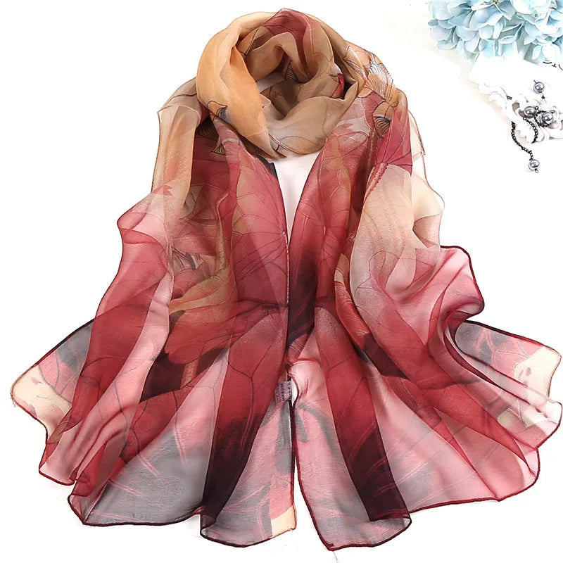 Women Silk Floral Scarf Long Sunscreen Beach Wrap - Smarsty