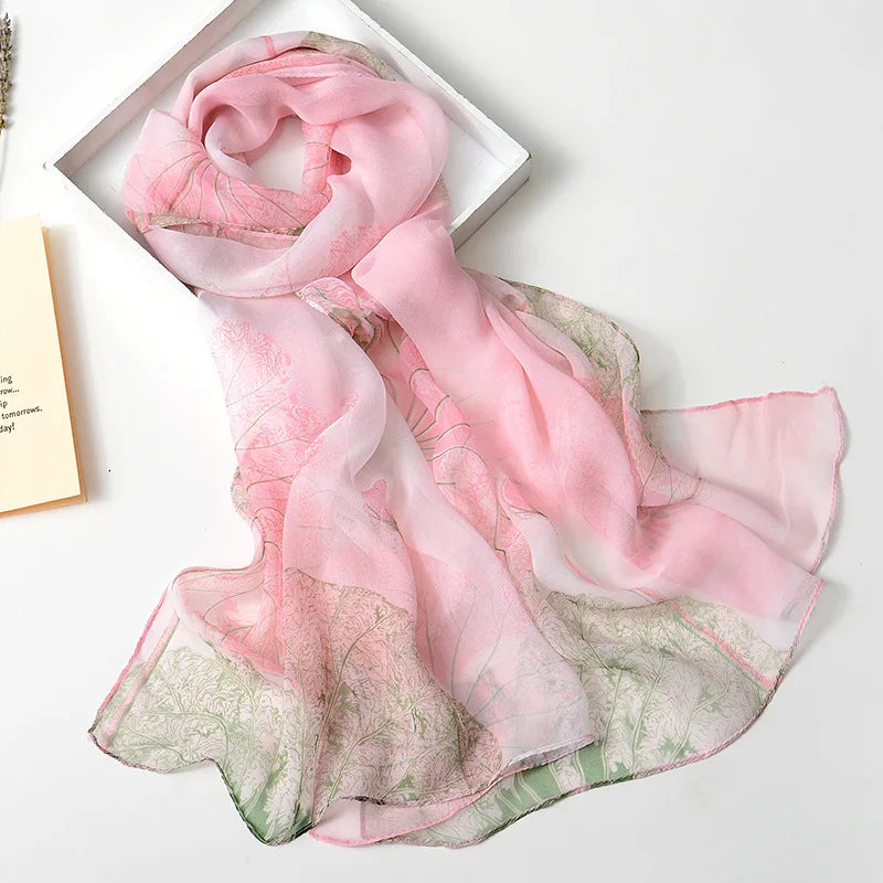Women Silk Floral Scarf Long Sunscreen Beach Wrap - Smarsty