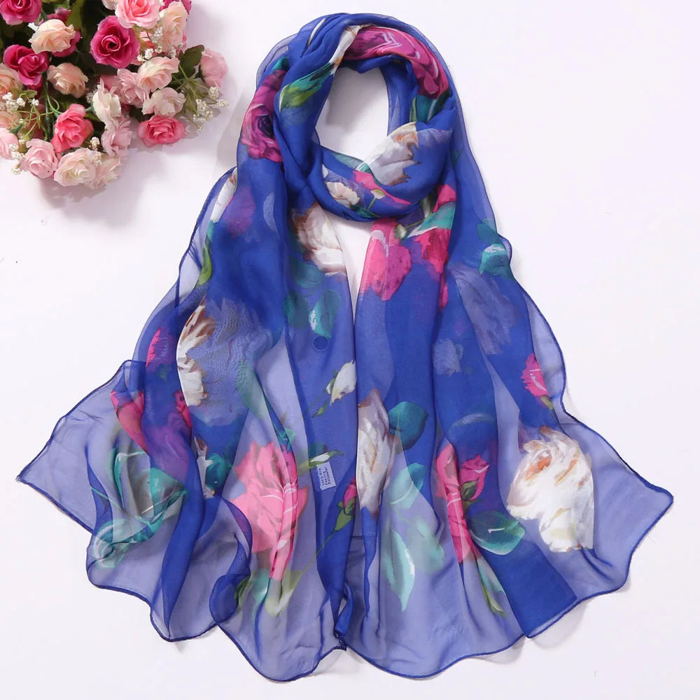 Women Silk Floral Scarf Long Sunscreen Beach Wrap - Smarsty