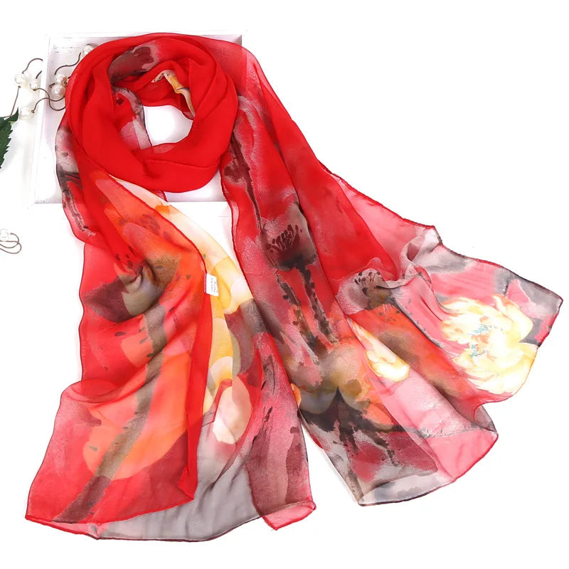 Women Silk Floral Scarf Long Sunscreen Beach Wrap - Smarsty