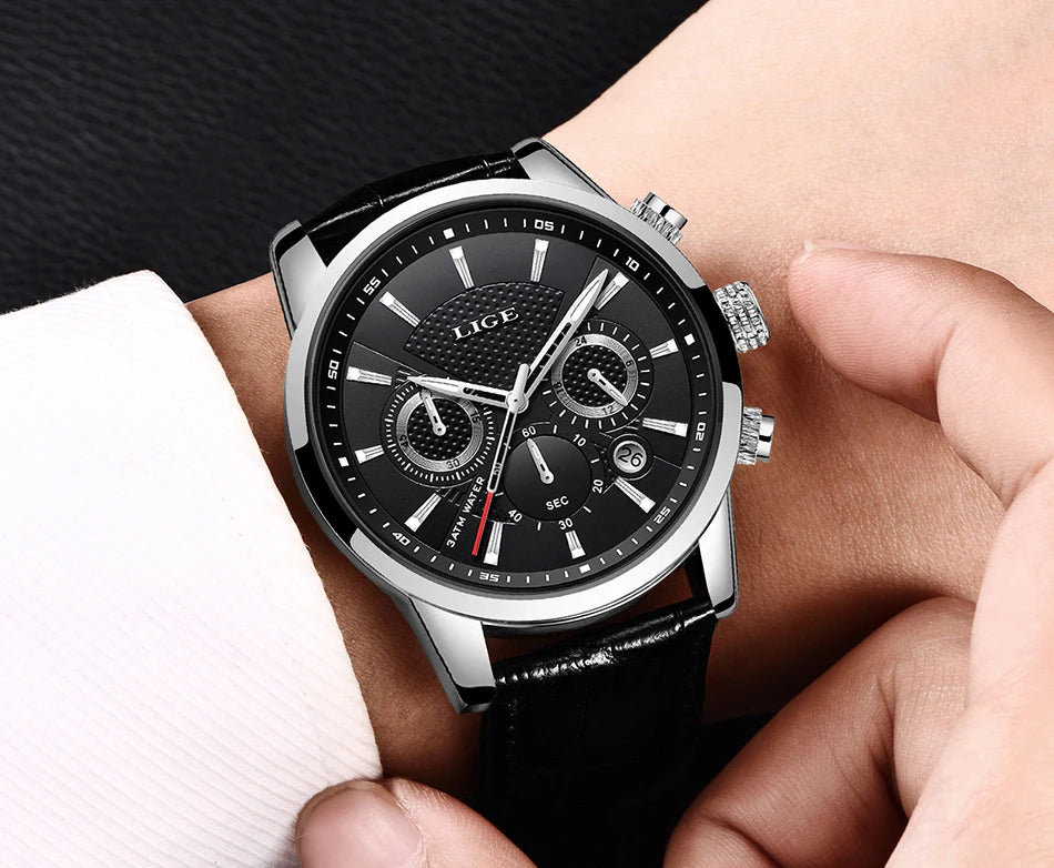LIGE Luxury Men's Leather Sport Watch with Chronograph - Smarsty