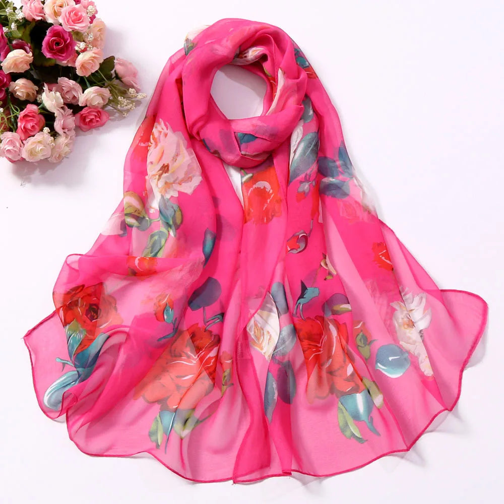 Women Silk Floral Scarf Long Sunscreen Beach Wrap - Smarsty