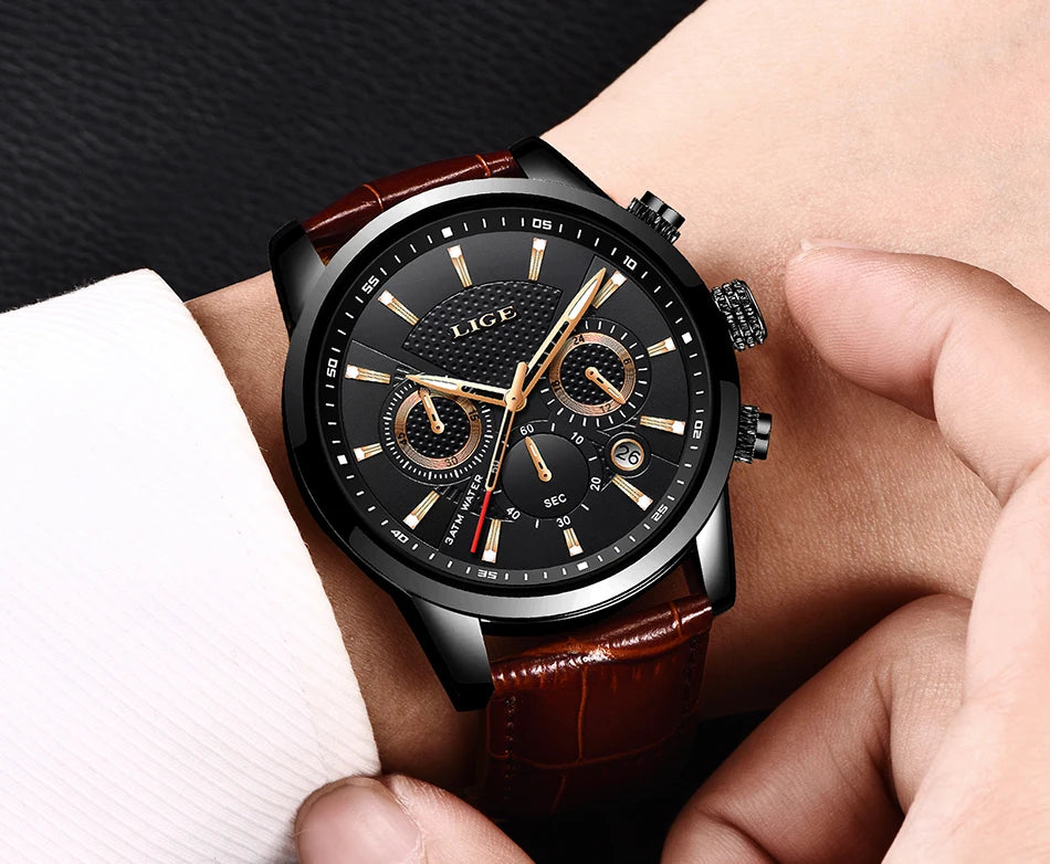 LIGE Luxury Men's Leather Sport Watch with Chronograph - Smarsty