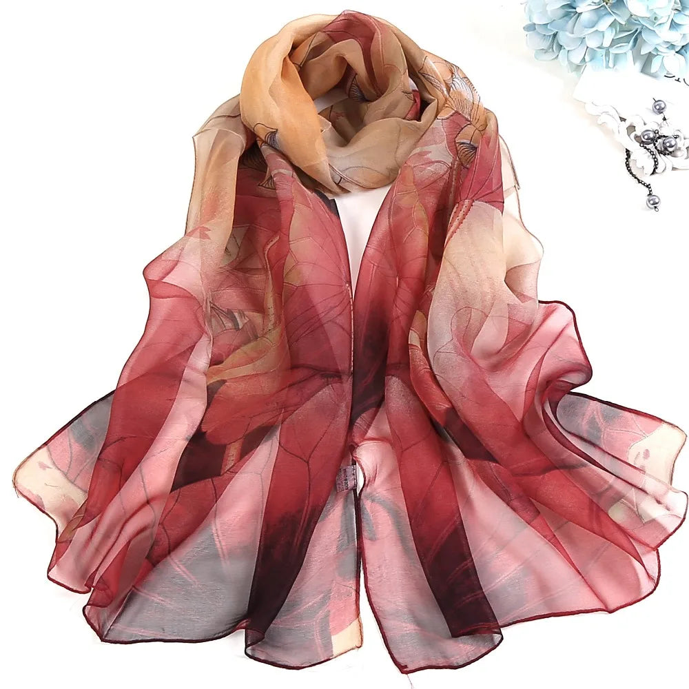 Women Silk Floral Scarf Long Sunscreen Beach Wrap - Smarsty