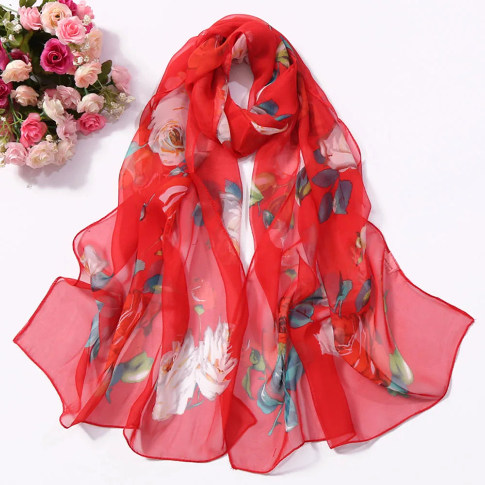 Women Silk Floral Scarf Long Sunscreen Beach Wrap - Smarsty