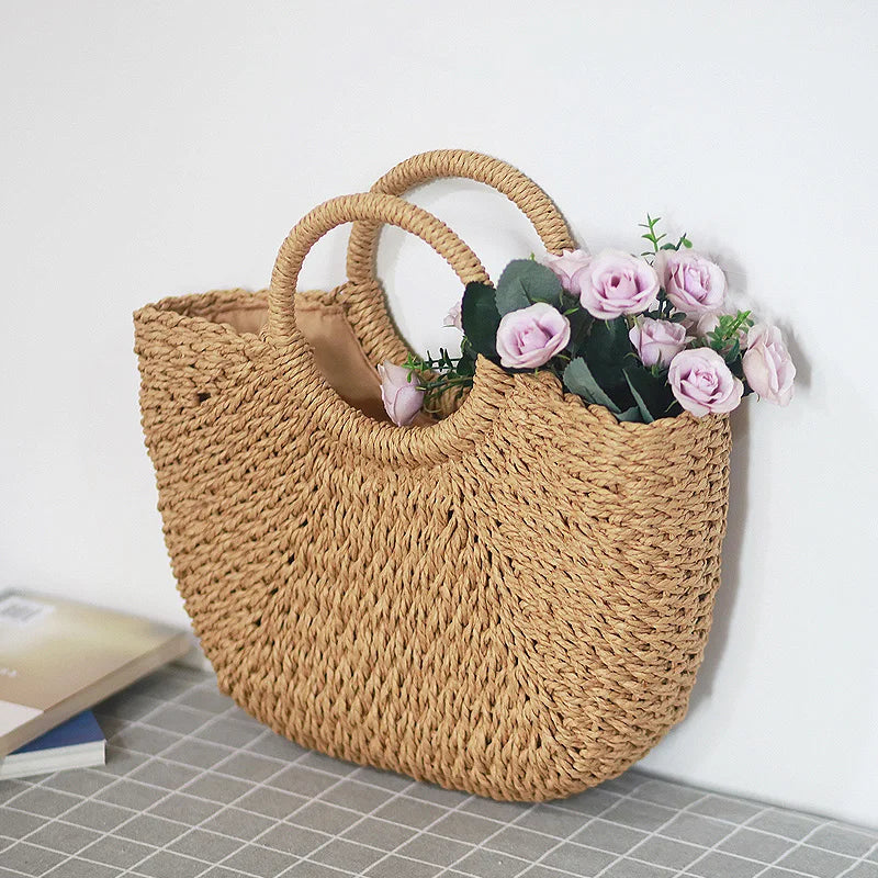 Summer Handmade Straw Bag for Women Beach Tote Moon Shaped - Smarsty