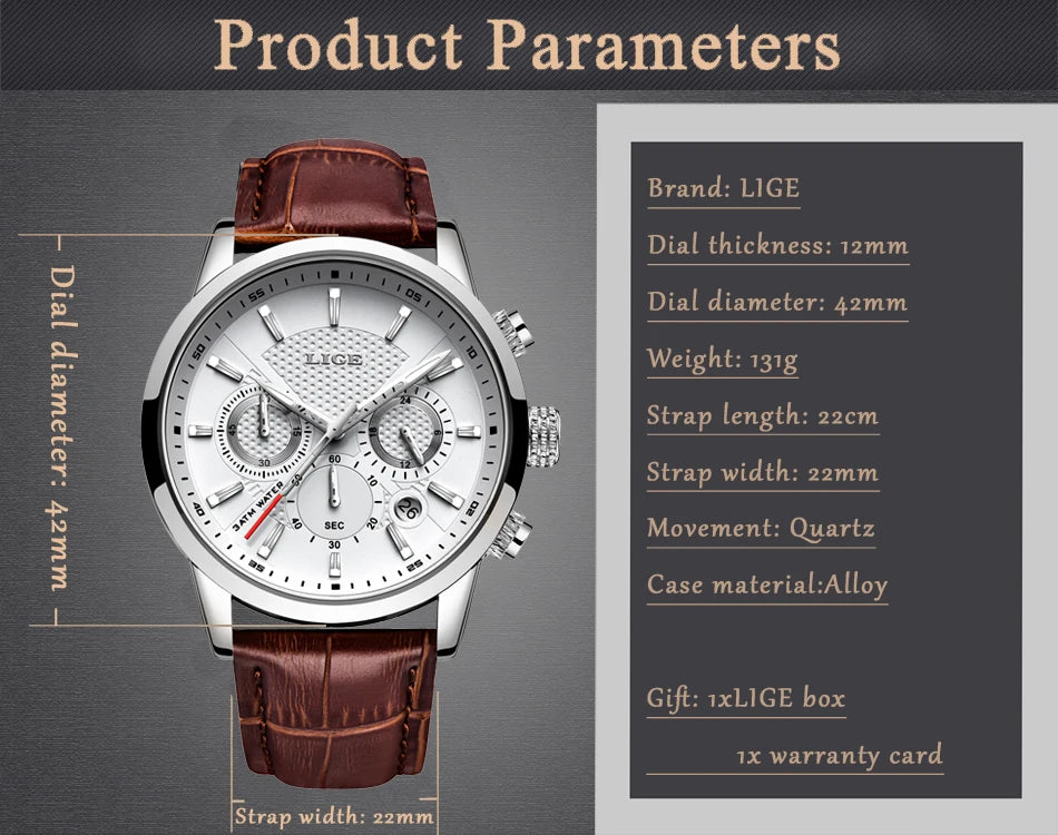 LIGE Luxury Men's Leather Sport Watch with Chronograph - Smarsty
