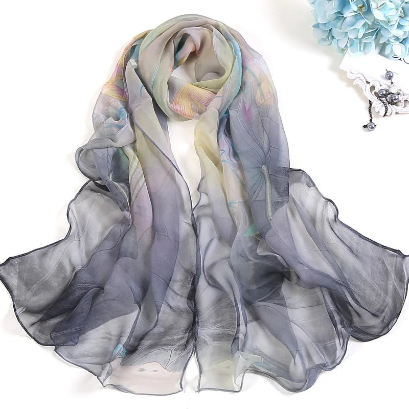 Women Silk Floral Scarf Long Sunscreen Beach Wrap - Smarsty