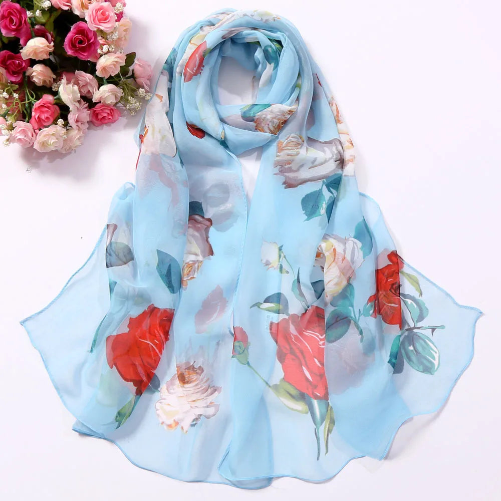 Women Silk Floral Scarf Long Sunscreen Beach Wrap - Smarsty