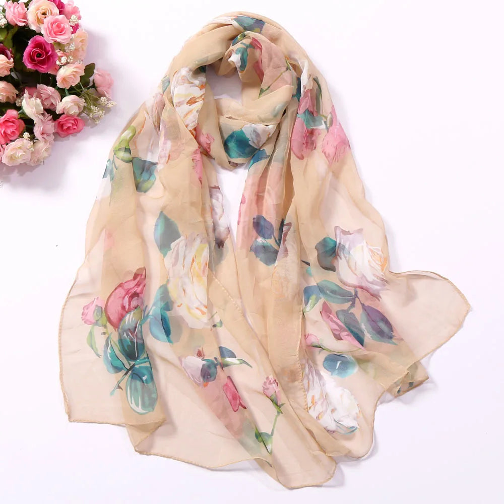 Women Silk Floral Scarf Long Sunscreen Beach Wrap - Smarsty