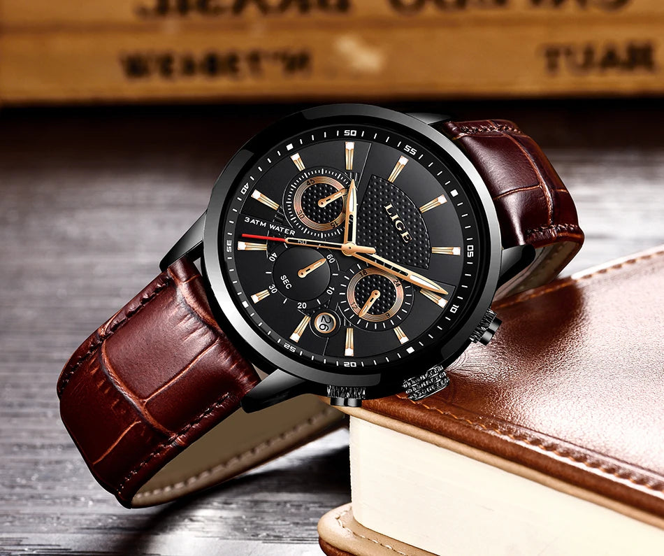LIGE Luxury Men's Leather Sport Watch with Chronograph - Smarsty