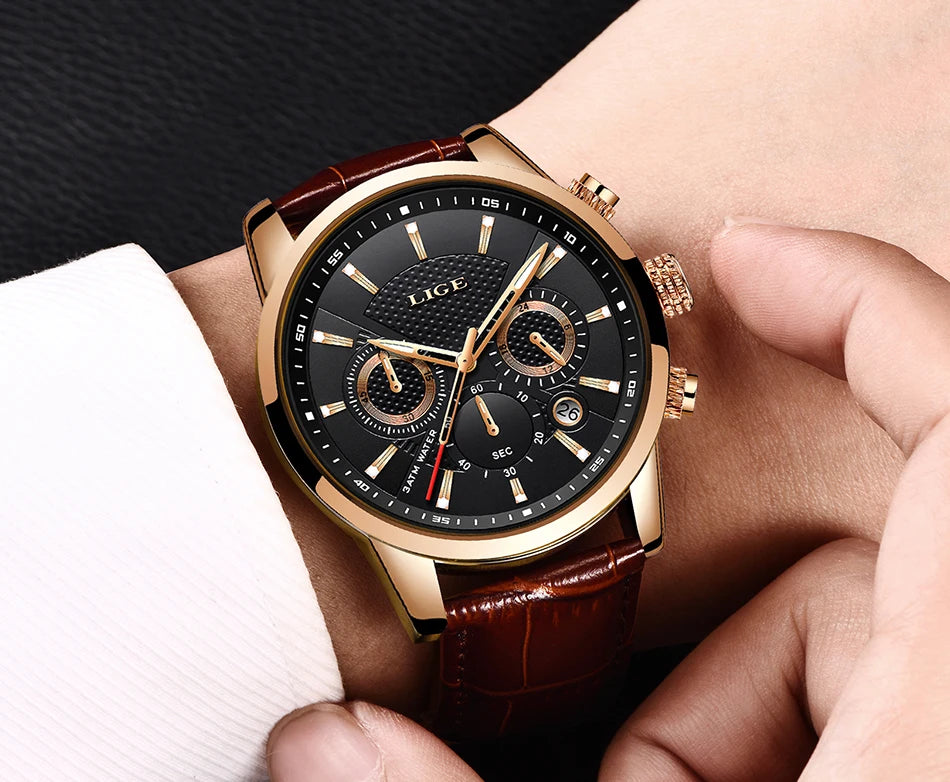 LIGE Luxury Men's Leather Sport Watch with Chronograph - Smarsty