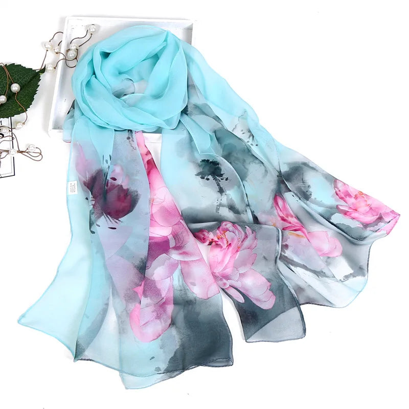 Women Silk Floral Scarf Long Sunscreen Beach Wrap - Smarsty