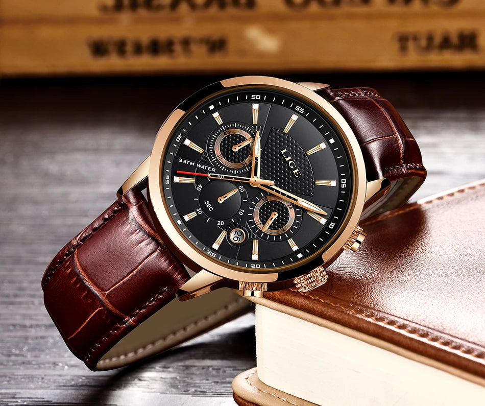 LIGE Luxury Men's Leather Sport Watch with Chronograph - Smarsty