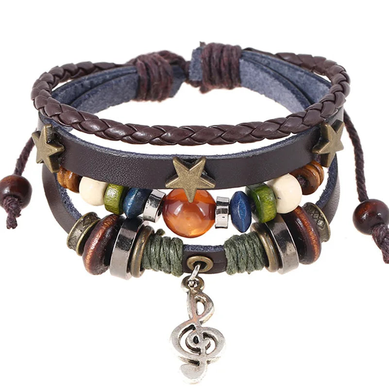 Handmade Boho Leather Charm Bracelet Adjustable Unisex - Smarsty