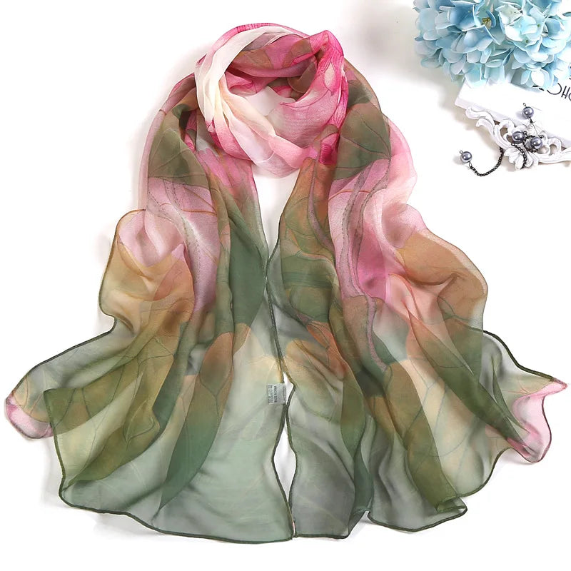 Women Silk Floral Scarf Long Sunscreen Beach Wrap - Smarsty