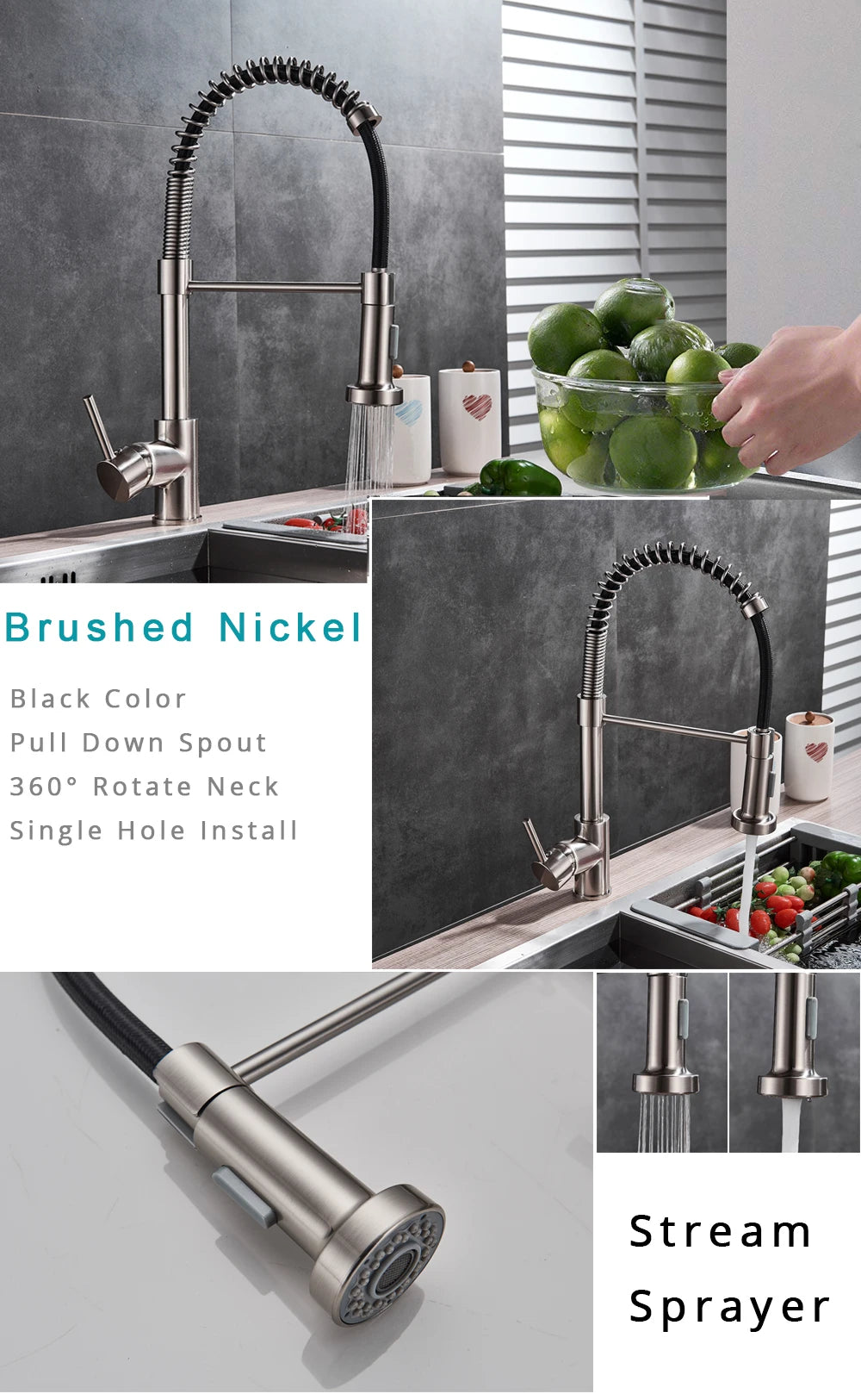Brushed Nickel Kitchen Faucet with 360 Degree Rotation - Smarsty
