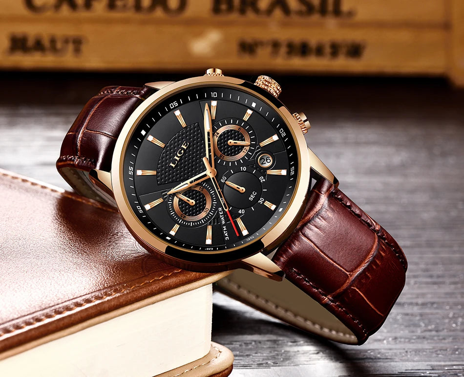 LIGE Luxury Men's Leather Sport Watch with Chronograph - Smarsty