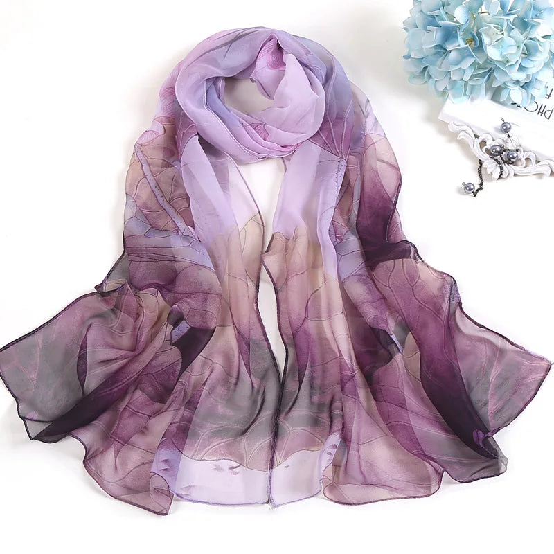 Women Silk Floral Scarf Long Sunscreen Beach Wrap - Smarsty