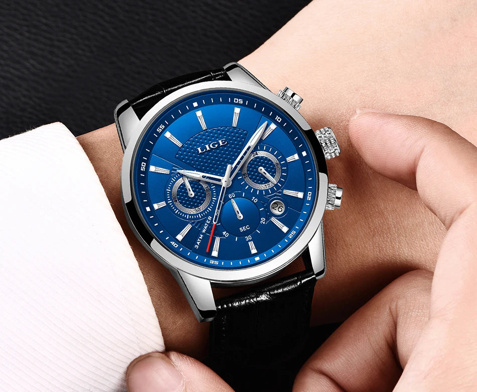 LIGE Luxury Men's Leather Sport Watch with Chronograph - Smarsty