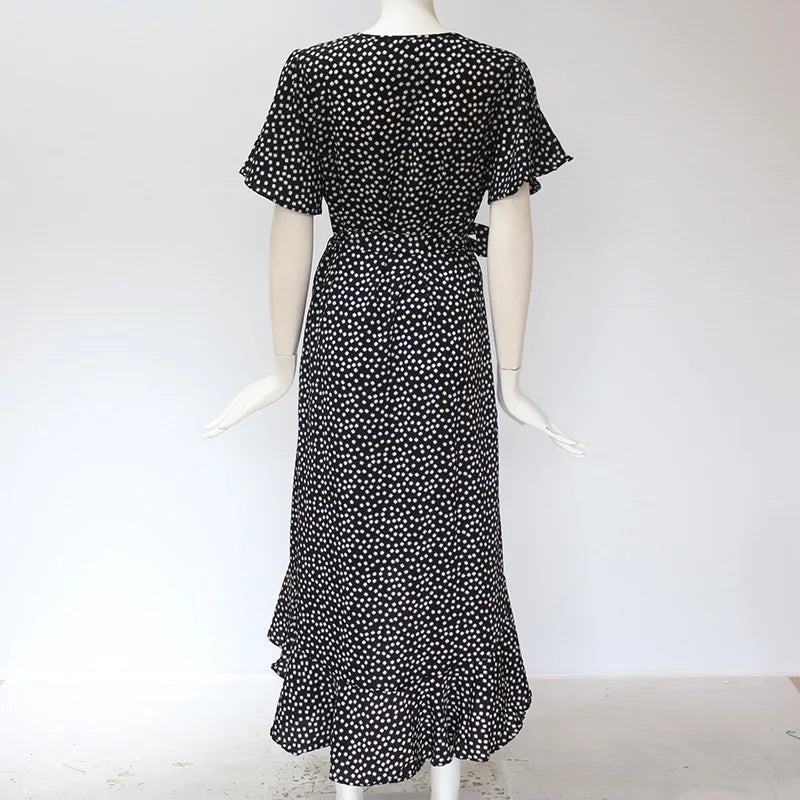Summer Beach Maxi Dress Women Floral Print Boho Long Chiffon Dress Ruffles Wrap Casual V-Neck Split Sexy Party Dress Robe Femme - Smarsty