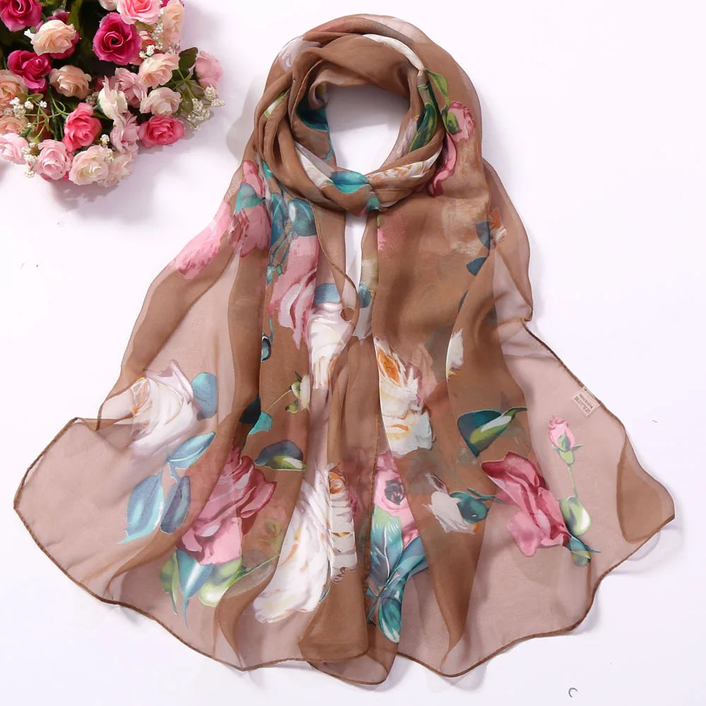 Women Silk Floral Scarf Long Sunscreen Beach Wrap - Smarsty