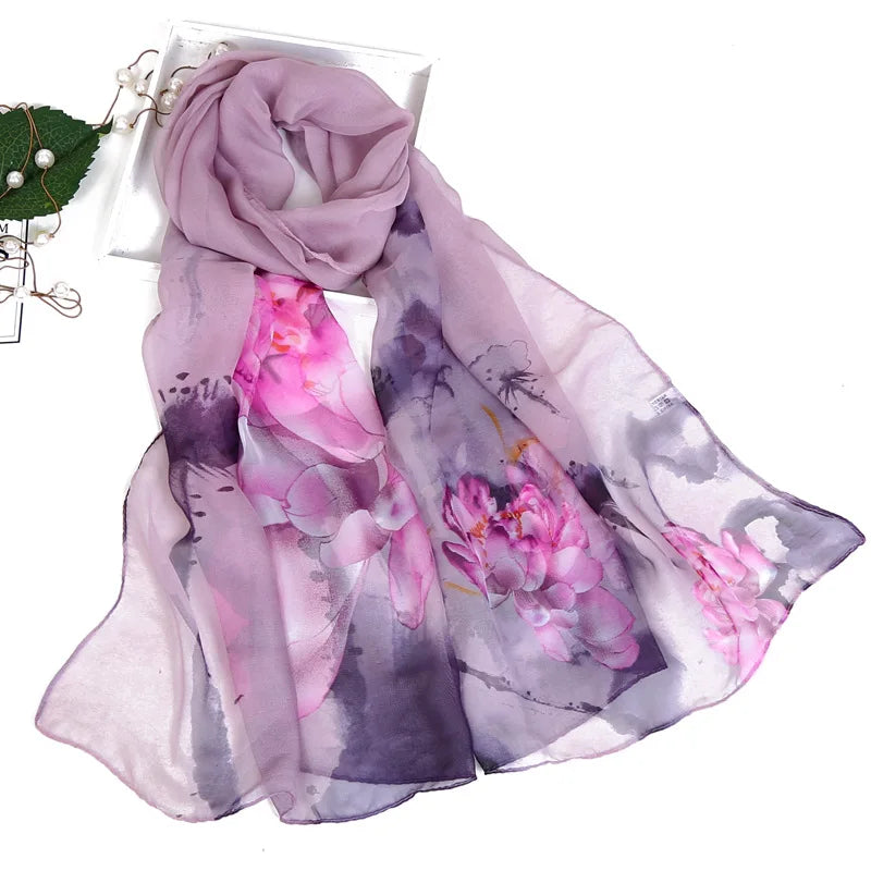 Women Silk Floral Scarf Long Sunscreen Beach Wrap - Smarsty