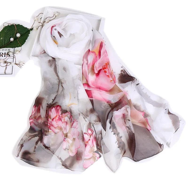 Women Silk Floral Scarf Long Sunscreen Beach Wrap - Smarsty