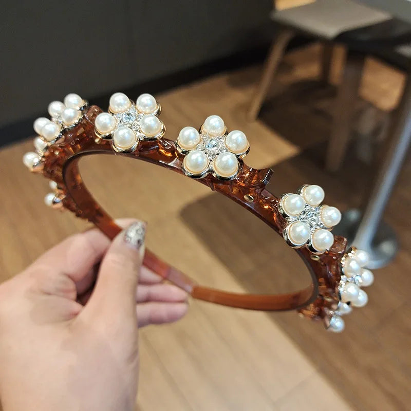 Double Layer Braided Headband With Pearl Accent Comfortable - Smarsty