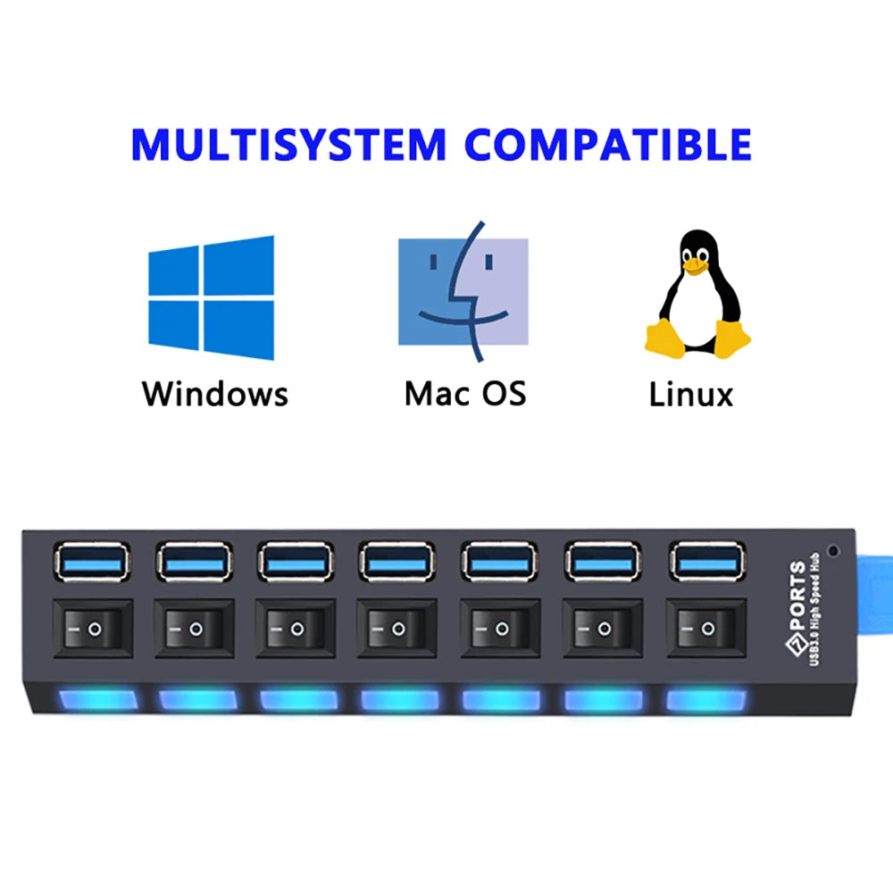 USB Hub 3.0 With Power Switch 7 Port Expansion Pro