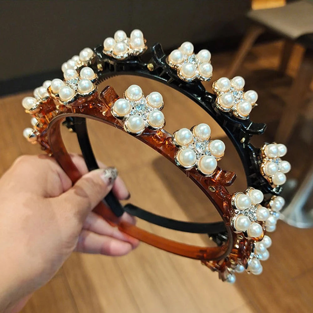 Double Layer Braided Headband With Pearl Accent Comfortable - Smarsty