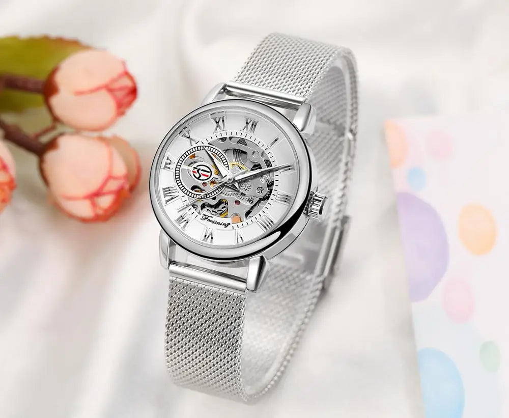 Fashionable Women's Mechanical Automatic Watch with Mesh Strap - Smarsty