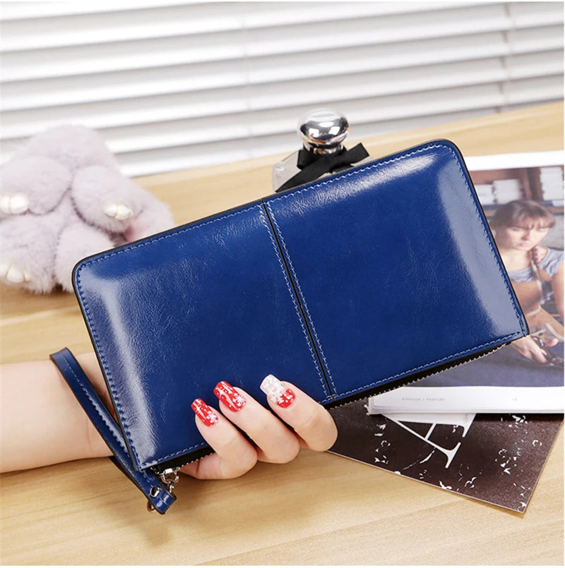 Women's Vintage Oil Wax PU Leather Clutch Wallet Female Large Capacity Phone Purse Ladies Wristband Simple Card Holder Pouch Bag