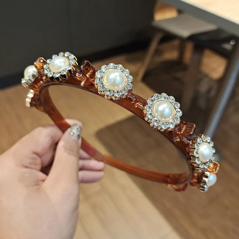 Double Layer Braided Headband With Pearl Accent Comfortable - Smarsty