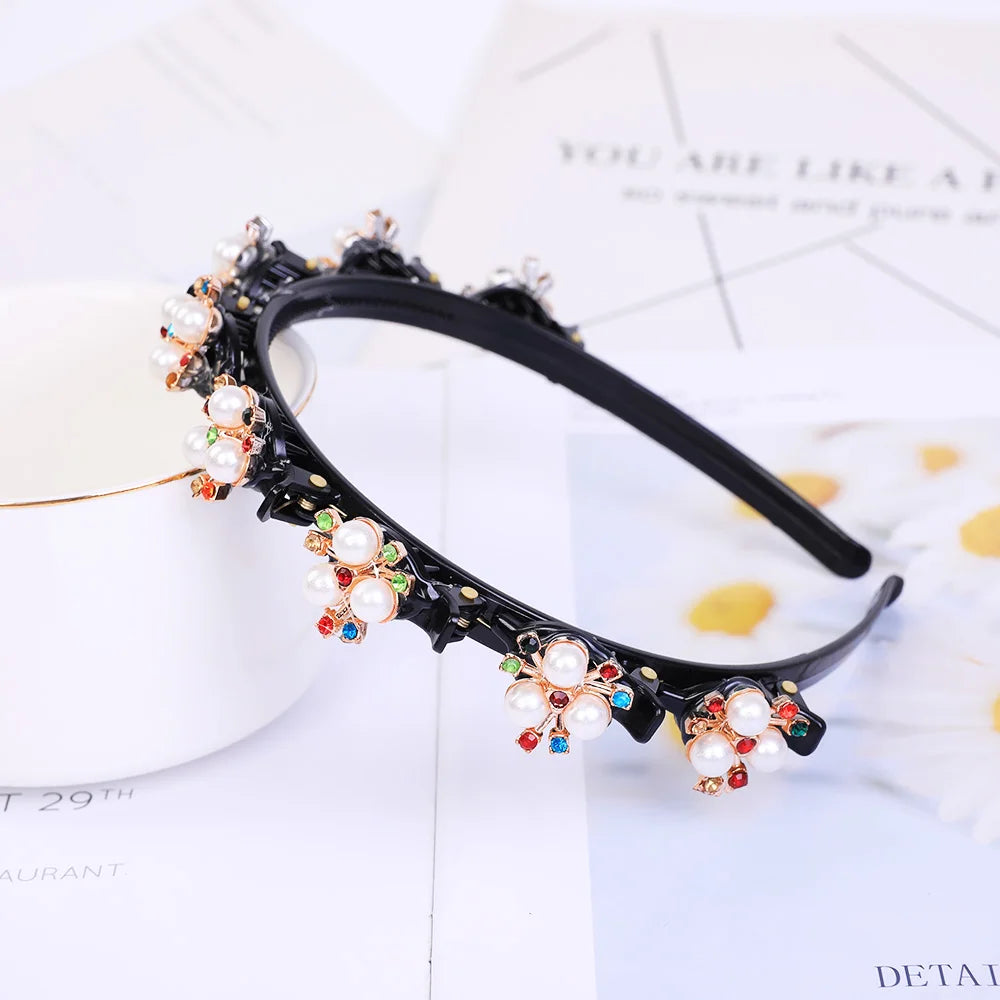 Double Layer Braided Headband With Pearl Accent Comfortable - Smarsty