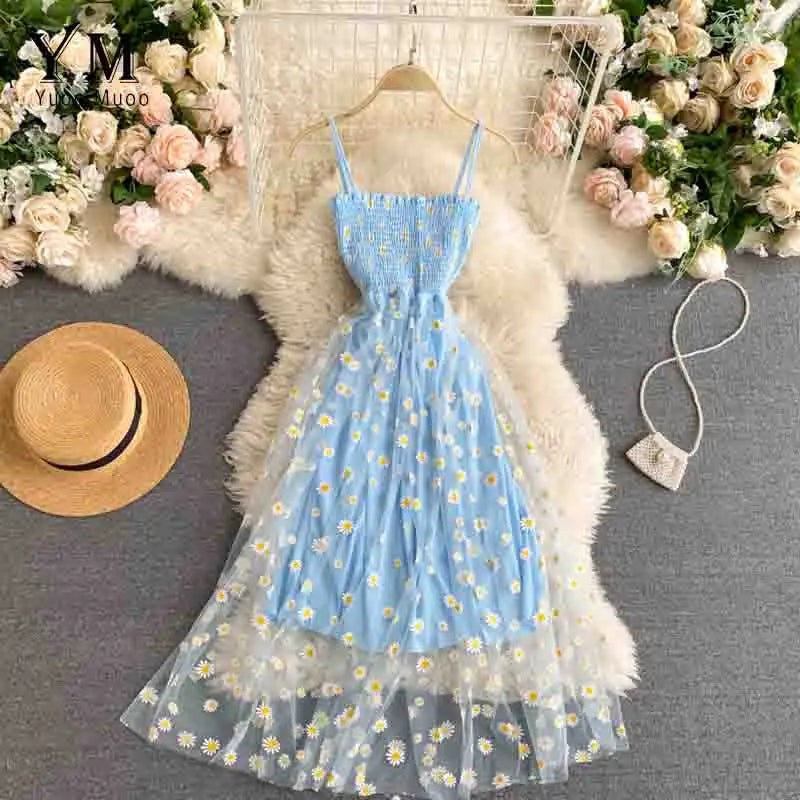 YuooMuoo Korean Fashion Daisy Flower Print Mesh Party Dress Summer Two Layers Spaghetti Strap Vacation Midi Dress Beach Vestidos - Smarsty