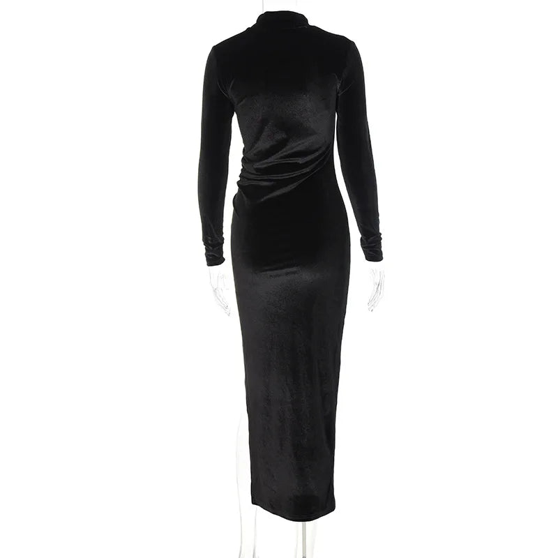 2022 Autumn Winter Women Solid Velvet Long Sleeve Ruched Midi Dress Side Slit Bodycon Sexy Streetwear Party Elegant Club - Smarsty