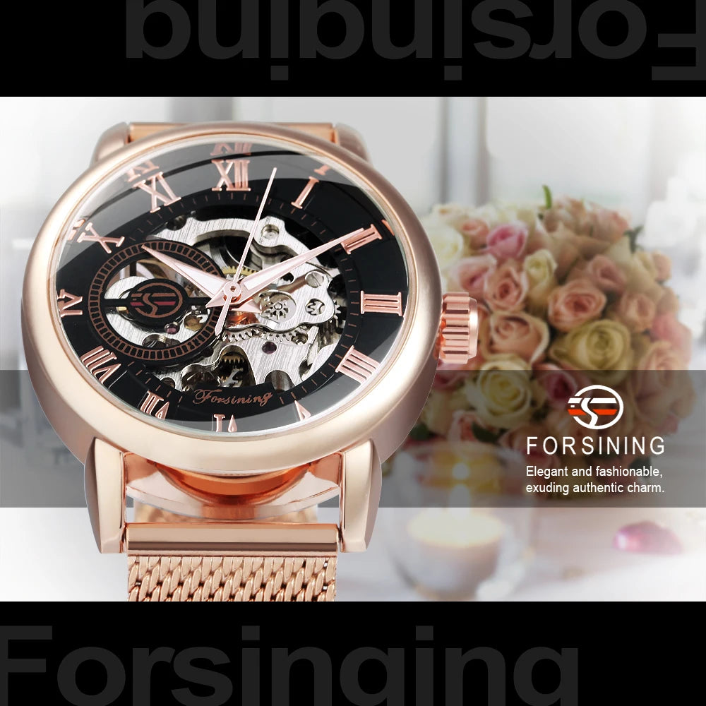 Rose Gold Skeleton Mechanical Watch for Women - Smarsty