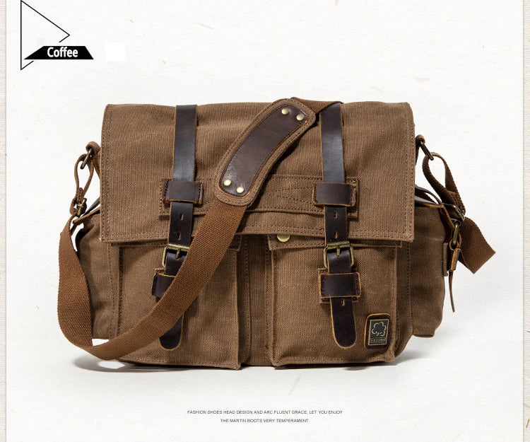 Vintage Leather Canvas Messenger Bag Unisex Crossbody - Smarsty