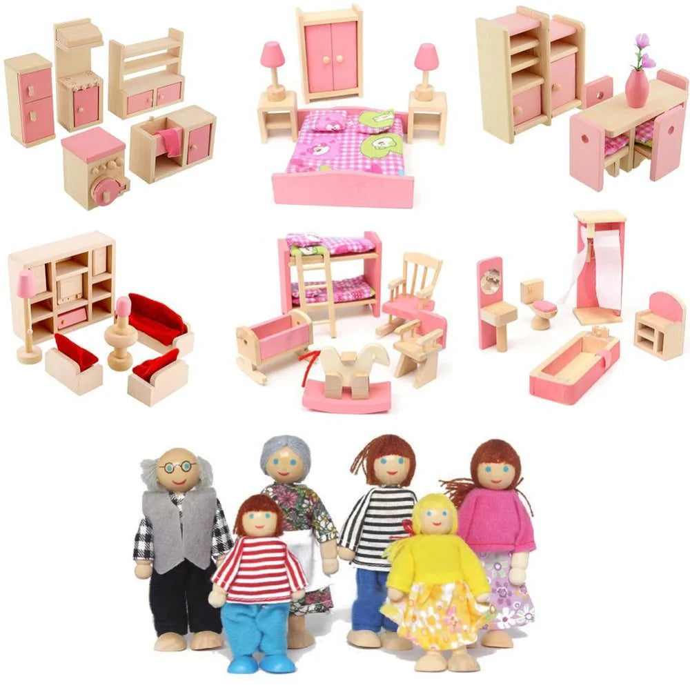 Wooden Dollhouse Furniture Miniature Toy For Dolls Kids Children House Play Toy Mini Furniture Sets Doll Toys Boys Girls Gifts by Smarsty